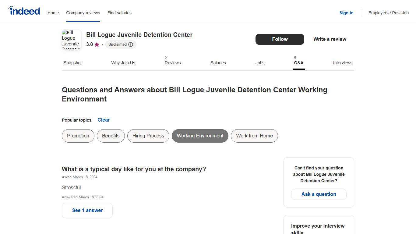 Questions and Answers about Bill Logue Juvenile Detention Center Working Environment Indeed.com